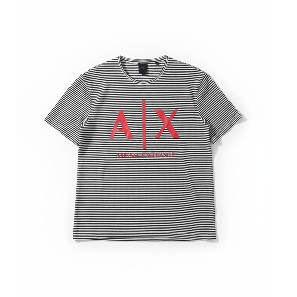 Armani Exchange Mens XL Striped Logo T-Shirt Black White Red AX Short Sleeve Tee